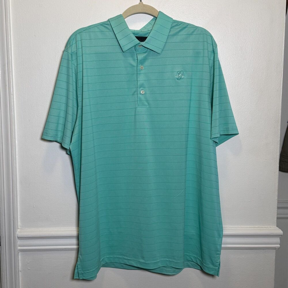 Greg Norman Greenbrier Men’s XL Play Dry Golf Polo Shirt Aqua Blue Striped